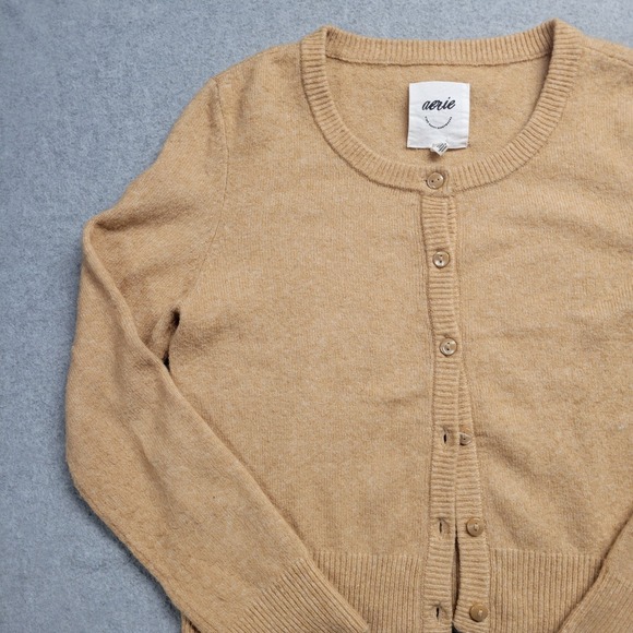 Aerie Wool Alpaca Cardigan Sweater Women's Small Tan Beige Brown Front-Button - Picture 3 of 10
